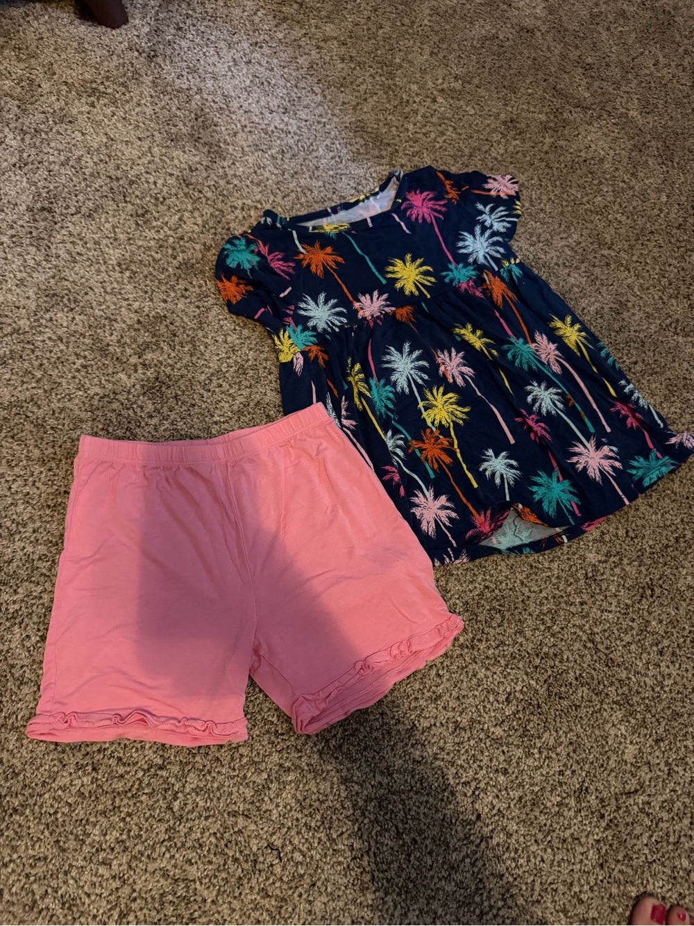 Girls Navy Palm-Print Top with Pink Shorts posh